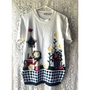 Vintage Sweater SML Country Sunflower Embroidered Short Sleeve‎ Bird Granny